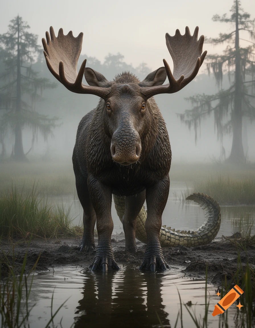 Photorealistic hybrid creature with a moose's head and antlers, and a crocodile's tail and scaly legs, standing in a misty swamp.