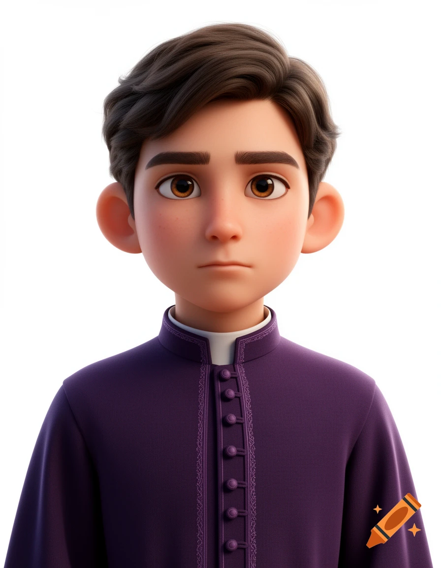 3D cartoon portrait of a serious 12-year-old boy in a dark purple tunic against a white background.