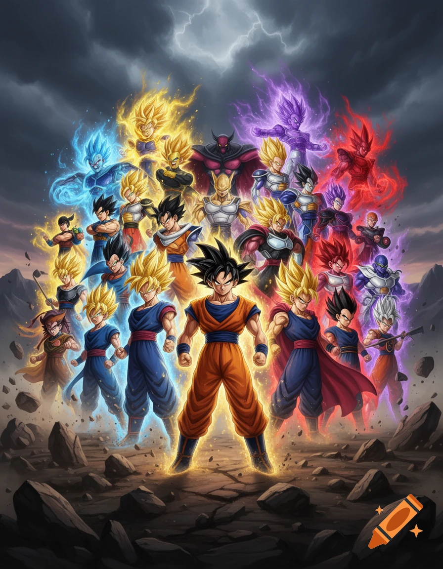 An anime-style illustration of multiple Dragon Ball characters gathered together in an epic group pose under a stormy sky.