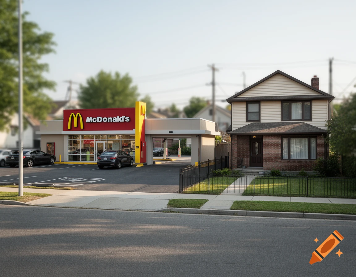 Photorealistic image of a McDonald's restaurant next to a two-story suburban house.