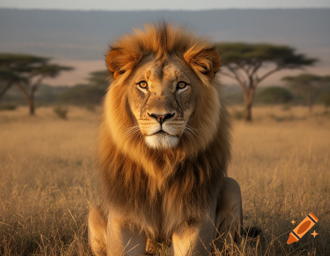 Photorealistic close-up of a young male lion with a voluminous mane sitting in the African savanna with acacia trees in the background.