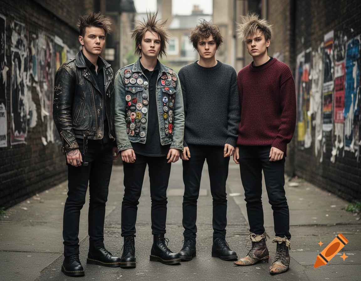 Four old-fashioned punks with wild hairstyles standing in an alleyway, wearing leather and denim jackets, sweaters, and boots.