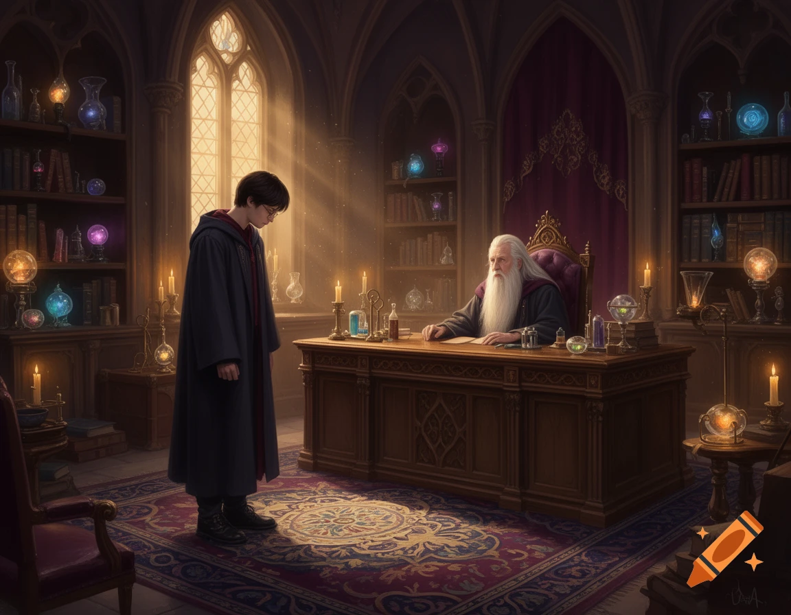 A young wizard looking down at a rug in a magical office with an older wizard sitting at a desk.