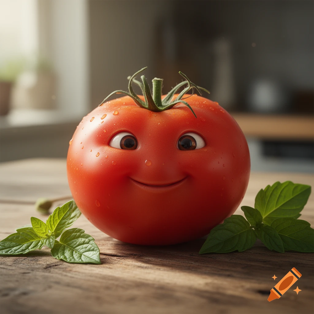 Photorealistic image of a smiling, anthropomorphic tomato with water droplets, flanked by basil leaves on a wooden table.