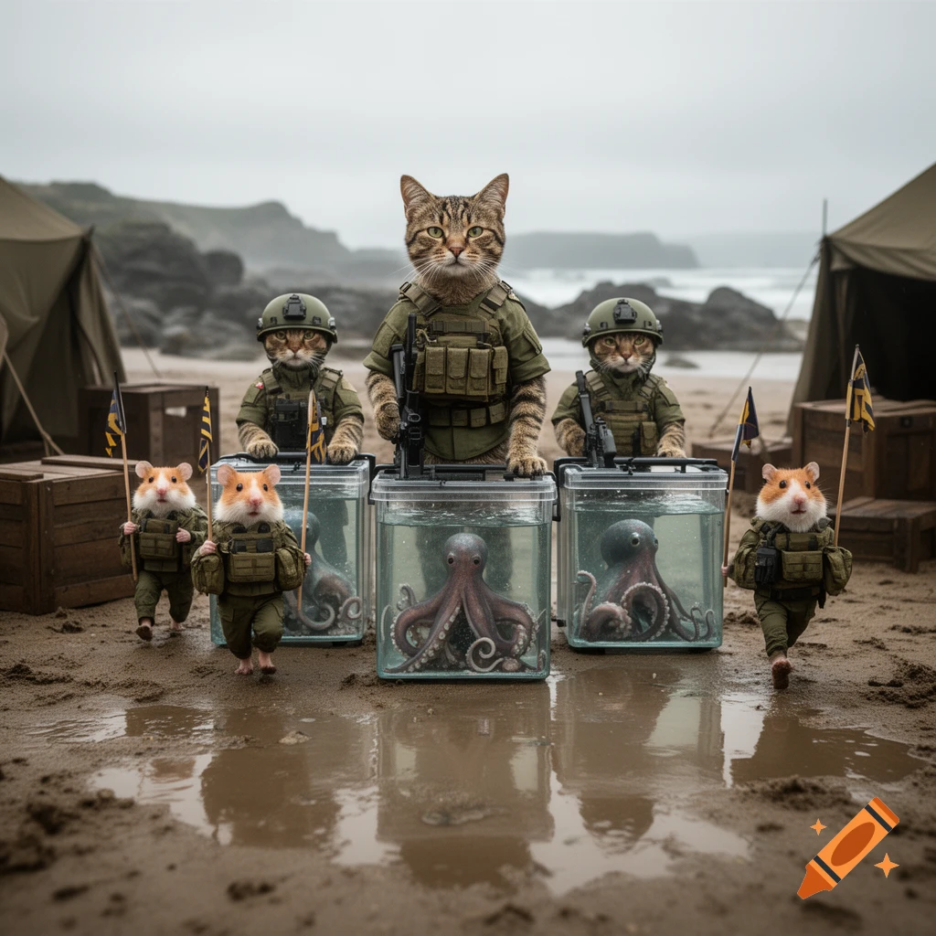 Photorealistic image of cats and hamsters in military gear holding octopuses as prisoners on a beach.