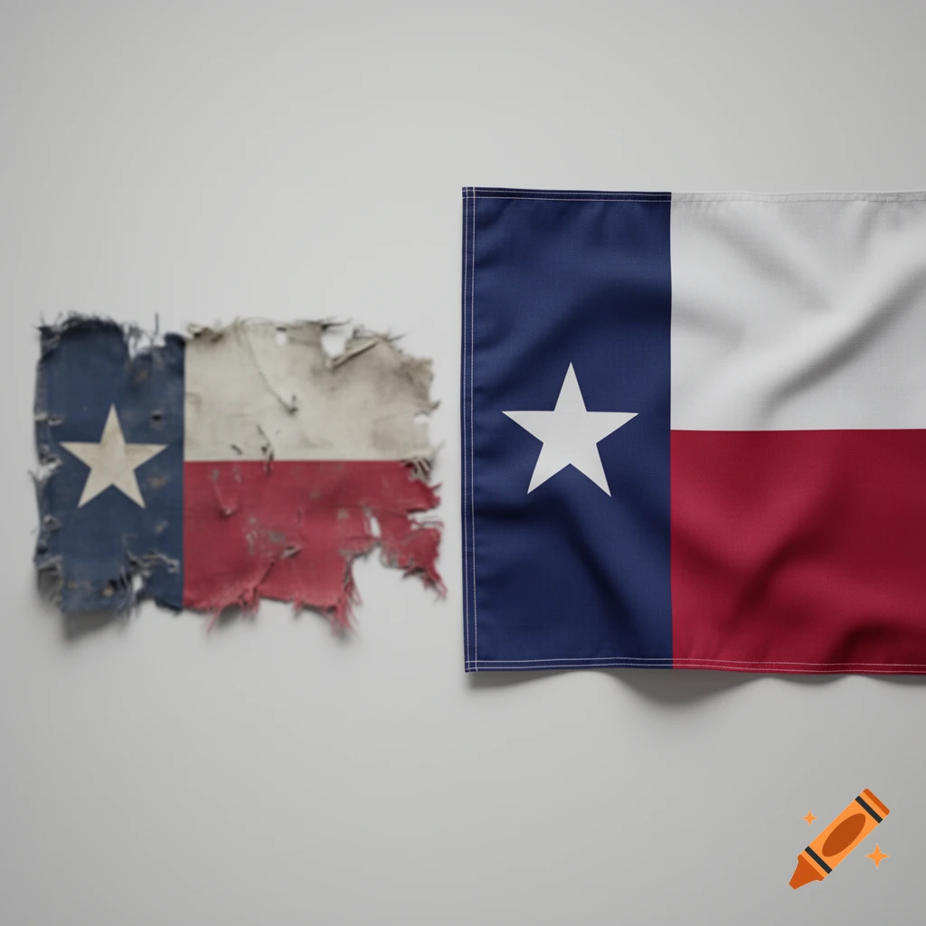 A worn, tattered Texas flag on the left side and a clean, crisp Texas flag on the right side, against a plain gray background.