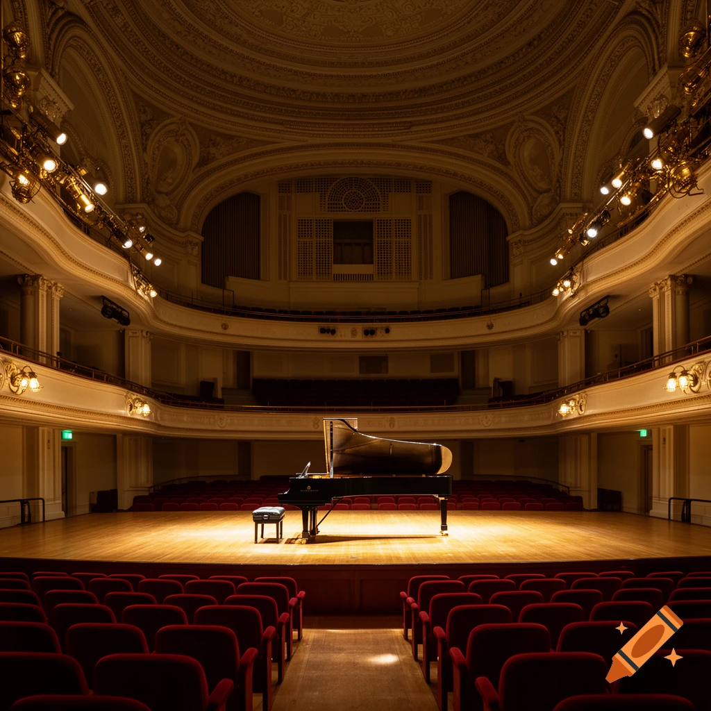 Photorealistic view of an empty grand concert hall with a black grand piano on stage and tiered seating.