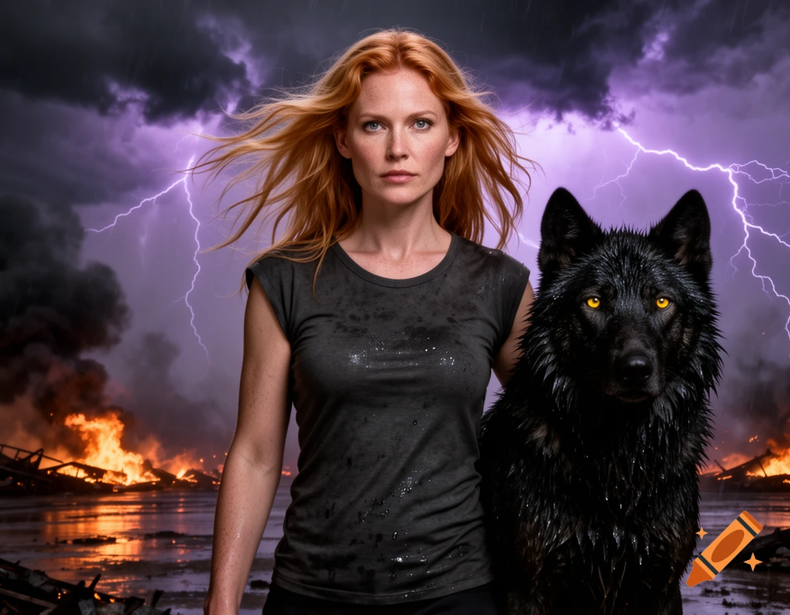 Photorealistic portrait of a powerful woman with strawberry blonde hair and a large black wolf-like dog during a violet electrical storm.