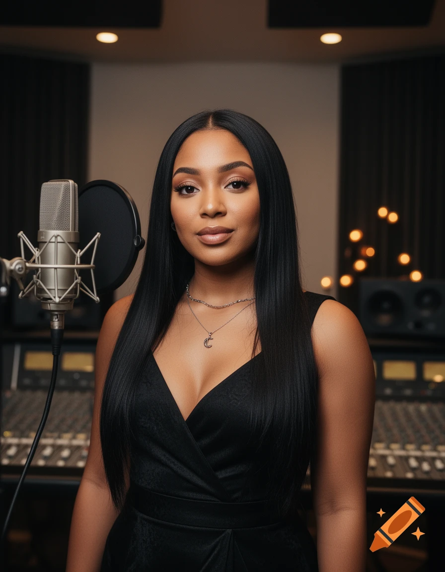 Photorealistic portrait of a woman with long straight black hair in a recording studio.