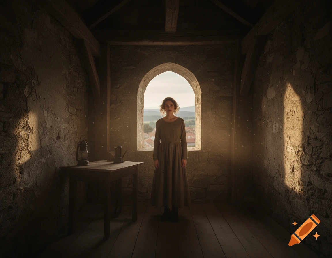 Photorealistic image of a woman standing in front of an arched window inside a rustic stone tower room with a wooden table and lantern.