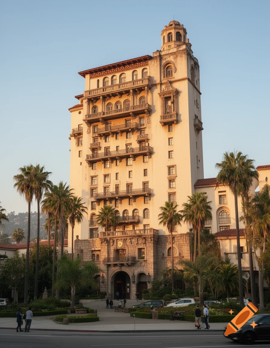 Photorealistic view of a historic Spanish Colonial Revival style hotel building with palm trees and cars in front.