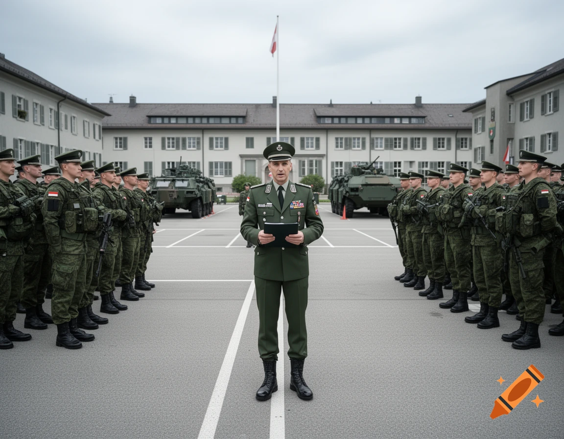 Photorealistic image of a military officer addressing troops on a parade ground in front of a barracks.