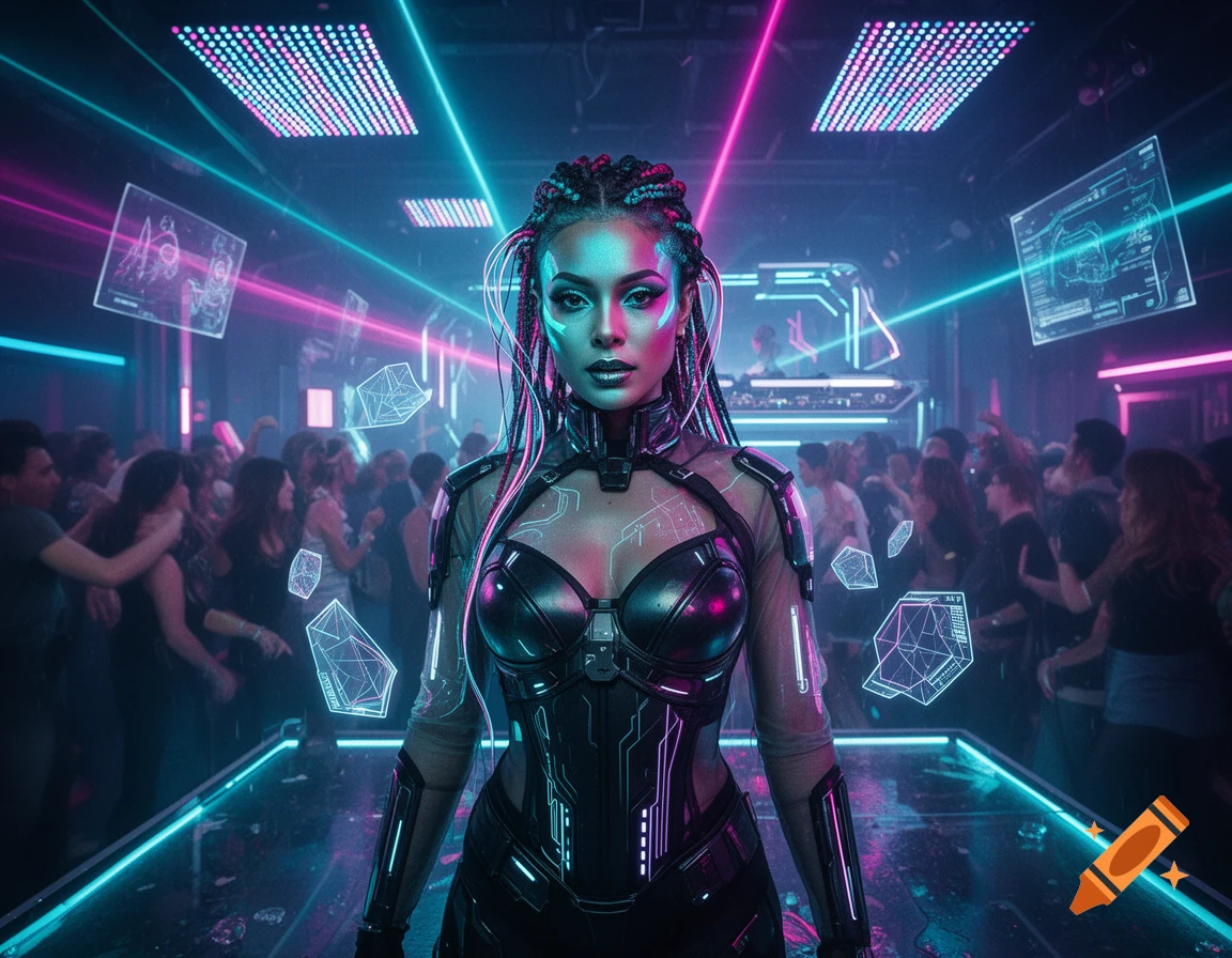 A futuristic cyberpunk rave goddess in a neon nightclub with holographic displays, cinematic photorealistic style.