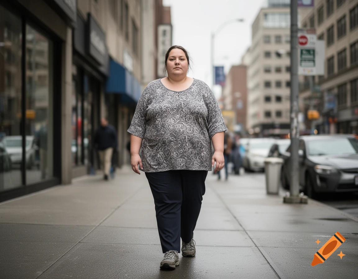 Photorealistic image of an adult woman walking alone on a city sidewalk.
