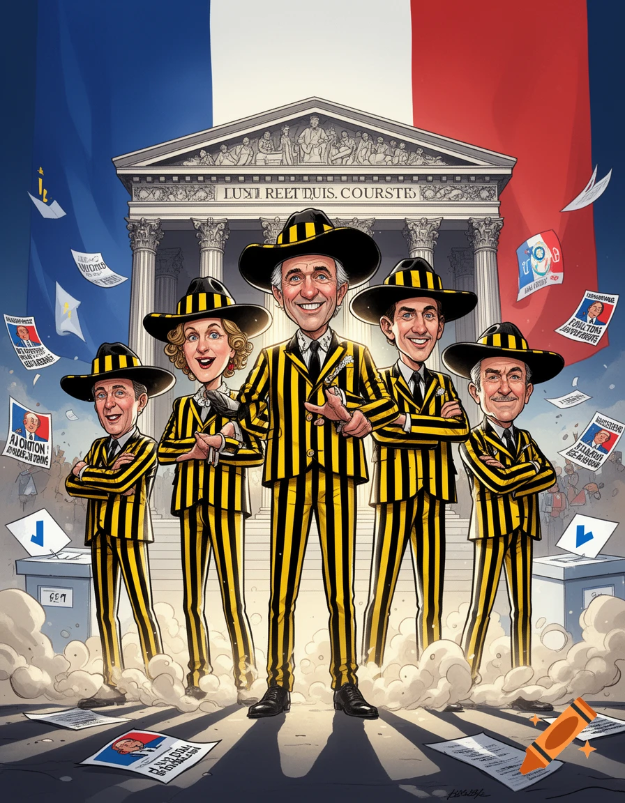 Caricature of five political figures dressed in yellow and black striped suits with matching hats in front of a French government building.