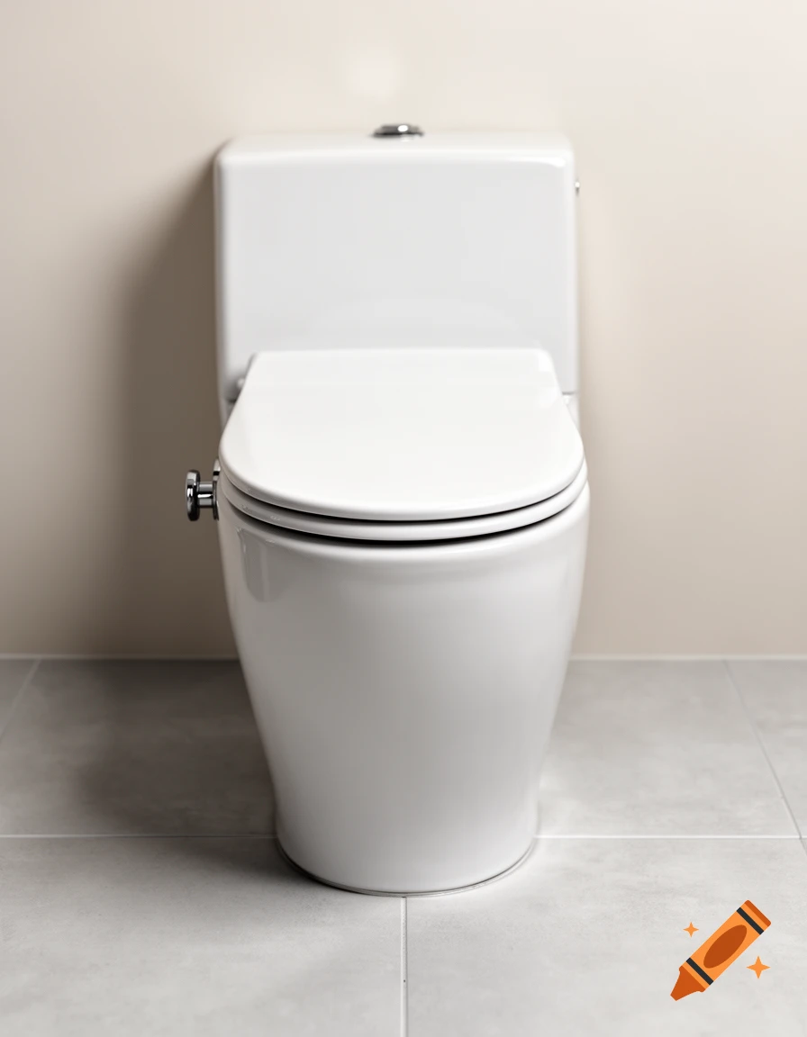 Photorealistic image of a modern white toilet centered in a minimalist bathroom with grey tiled floor.