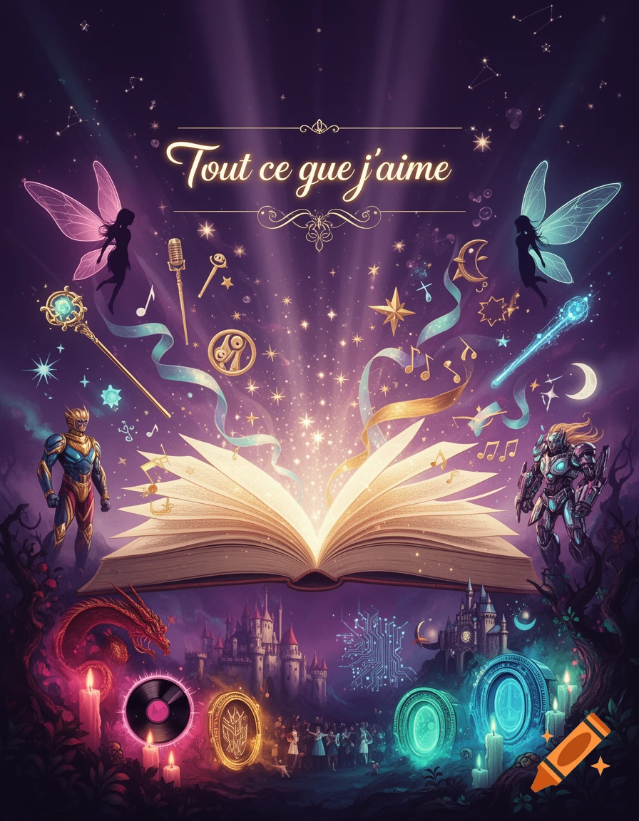 An open glowing magical book with fairies, a castle, magical items, and the text Tout ce que j'aime.