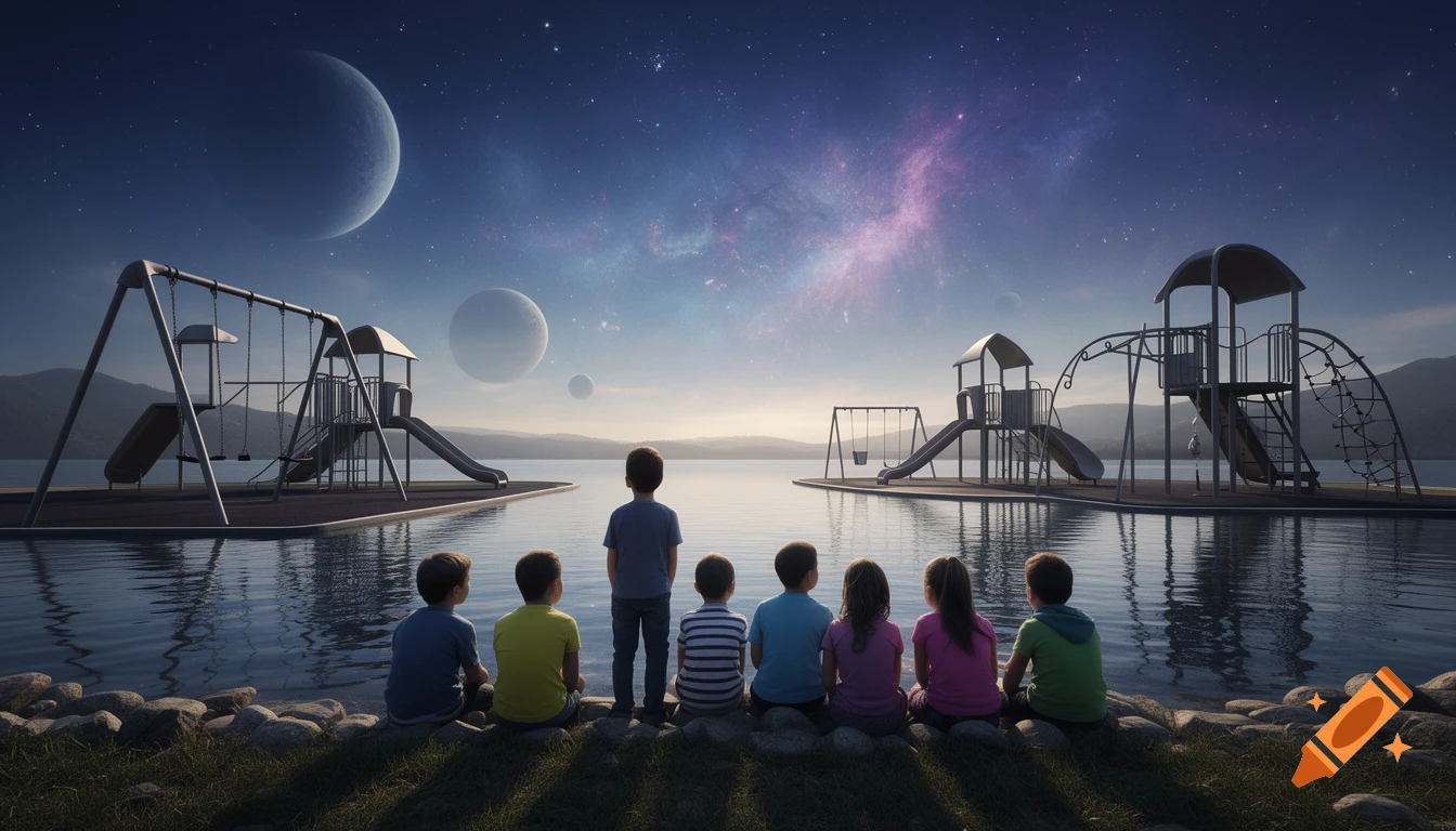 Group of children sitting on a rocky shore looking at a calm body of water with playgrounds and a starry sky with planets.
