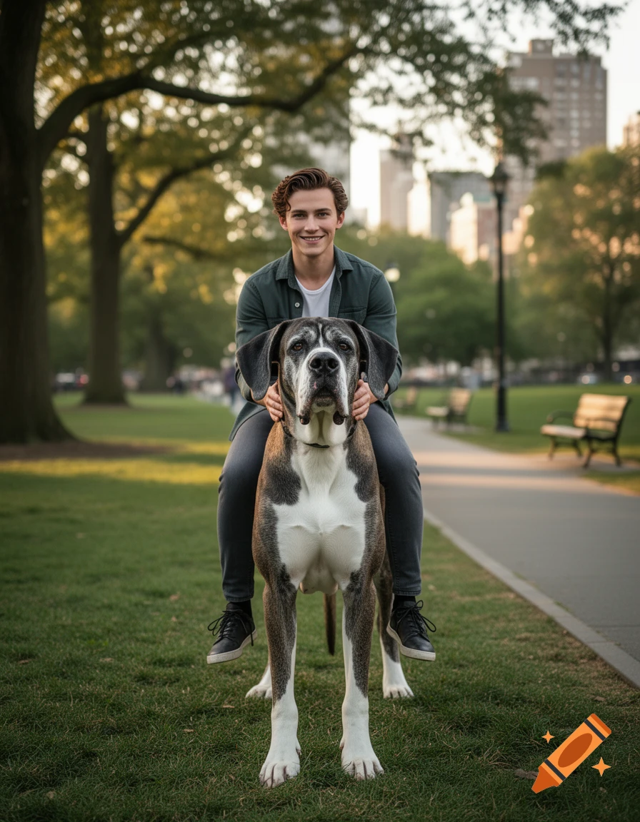 Photorealistic image of a man resembling Tom Holland sitting on the back of a giant Great Dane in a park.