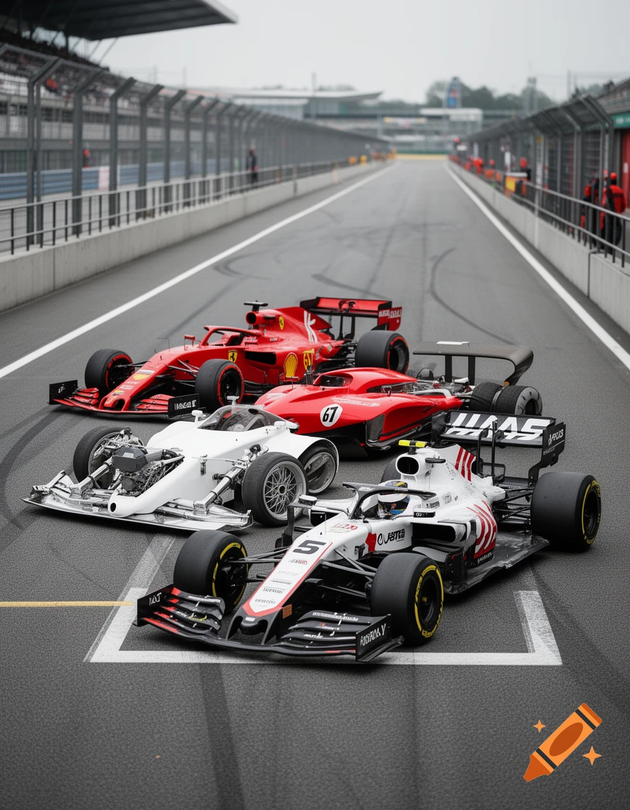 Four different Formula 1 racing cars lined up on a racetrack pit lane, featuring historical and modern designs.