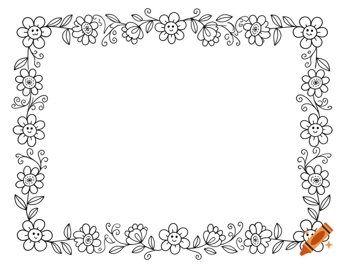 Black and white simple flower border with smiling faces on the flowers, suitable for a coloring page.