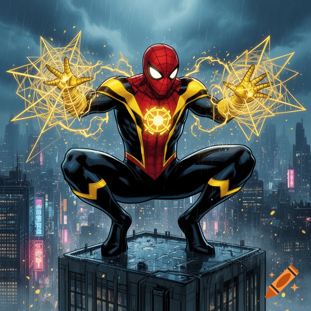 Comic book style illustration of Spider-Man in a yellow and black lantern suit, crouching on a rooftop with glowing energy constructs.