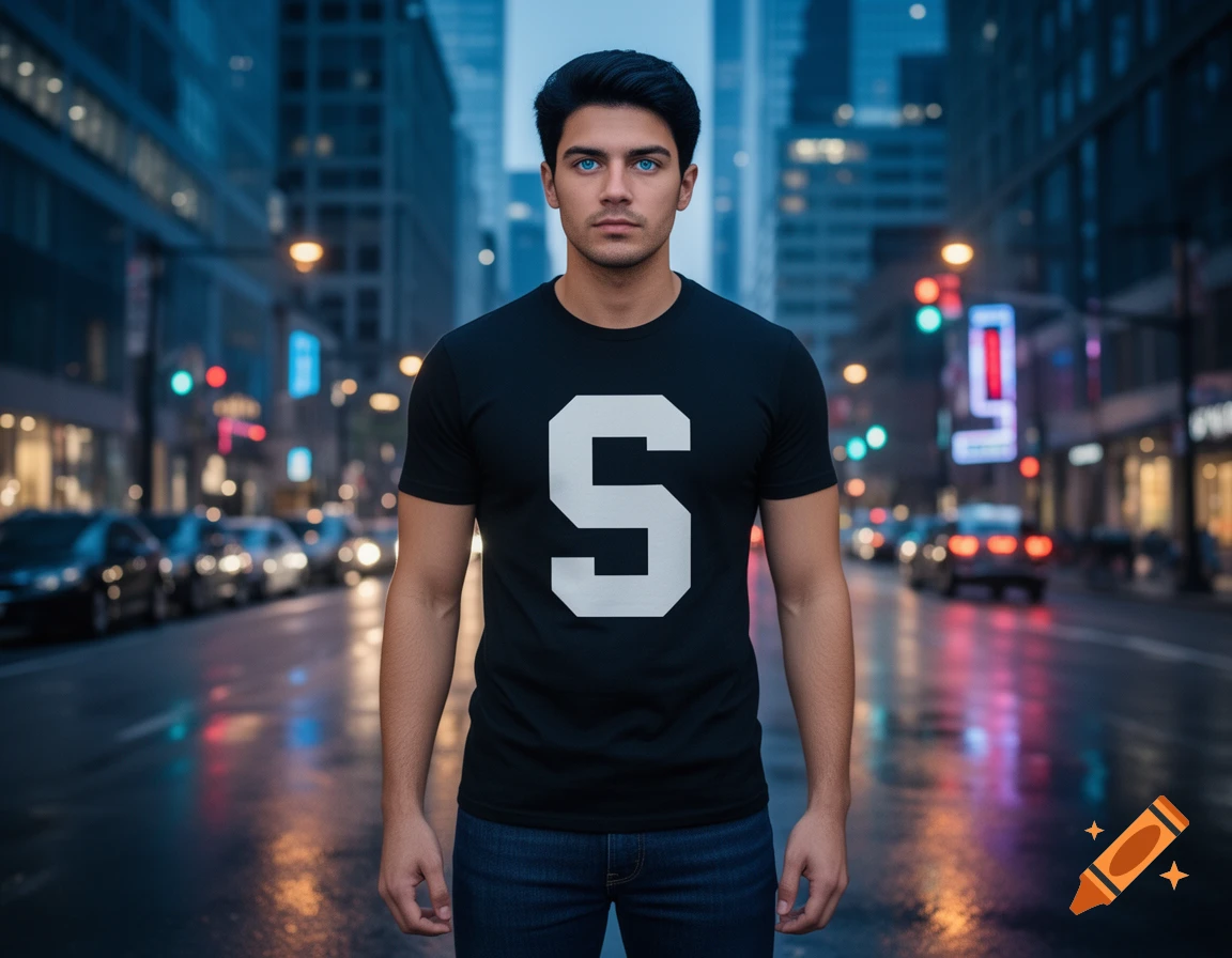 Photorealistic image of a young man with black hair and blue eyes, wearing a black t-shirt with a white letter S, standing on a wet city street at night.