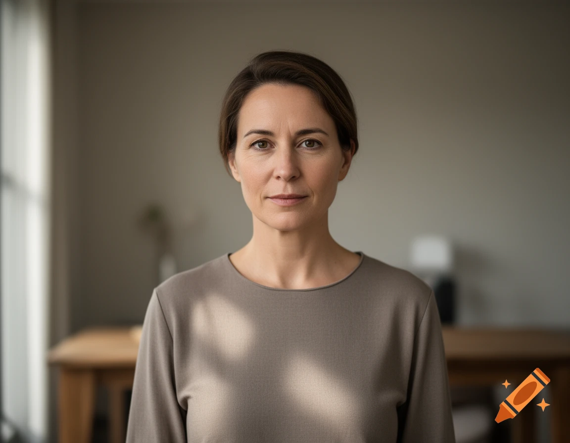Photorealistic medium shot of a woman with dark hair in a neutral setting.