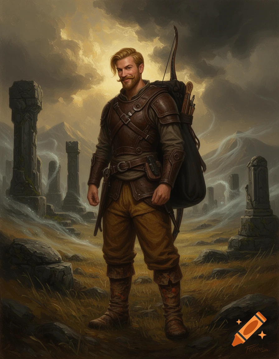 Oil painting of an athletic fantasy man in brown leather armor standing in a ruined landscape with a bow on his back.