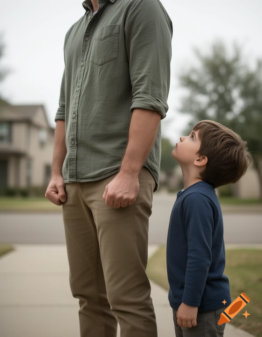 Photorealistic low-angle shot of a father and son standing side by side, the young boy looking up at his father's clenched fist.