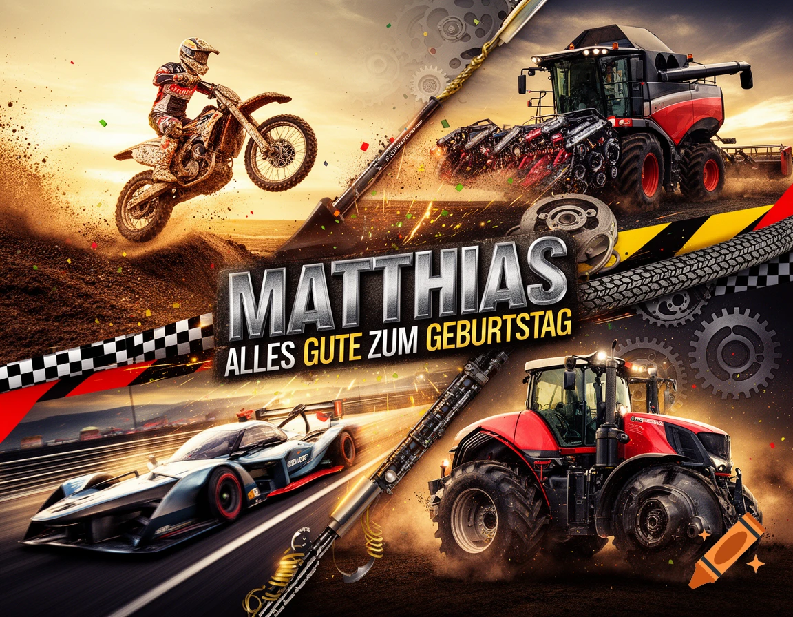 Birthday greeting poster for Matthias featuring motocross, race car, and tractors with bold text reading Matthias Alles Gute zum Geburtstag.