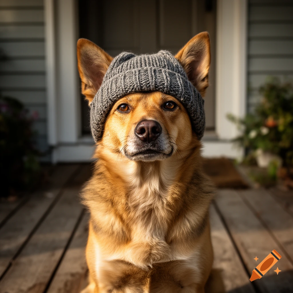 Close-up photorealistic portrait of a brown dog wearing a grey knit beanie on a wooden porch.
