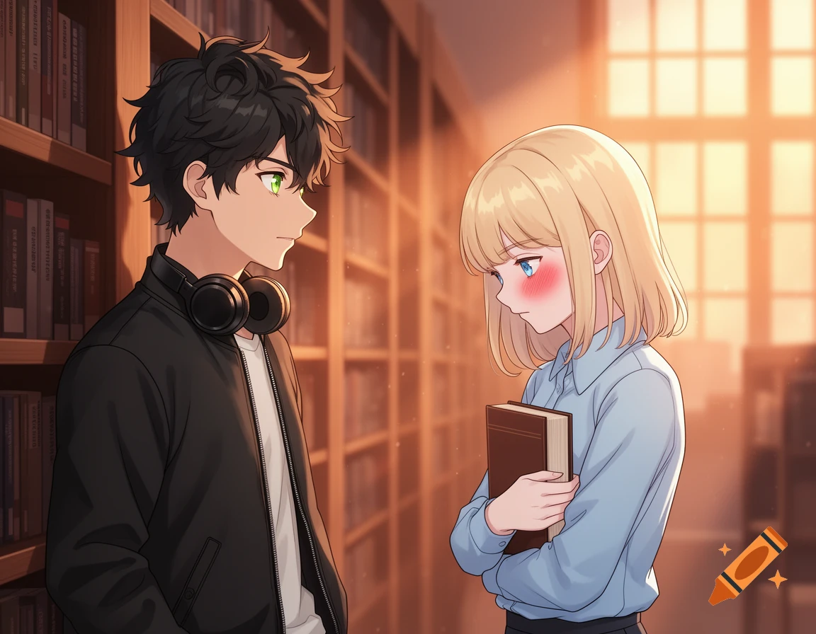 Anime style illustration of a shy blushing blonde girl holding a book, looking at a black-haired boy in a library.