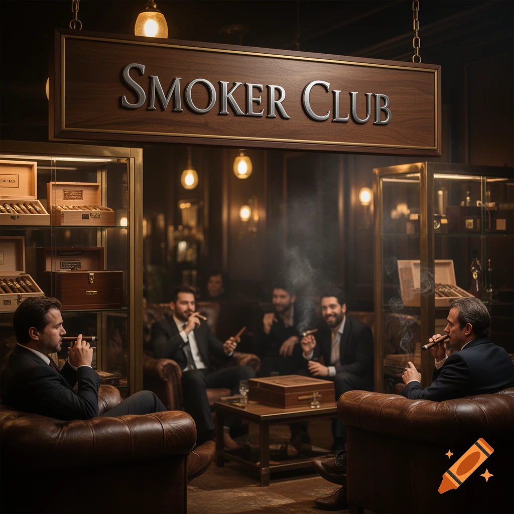 Photorealistic scene of several men smoking cigars in a luxurious gentleman's club with a wooden sign reading Smoker Club.