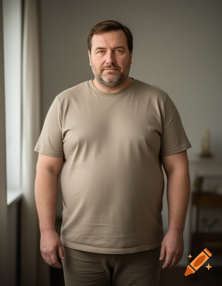 Photorealistic portrait of a middle-aged man with short brown hair, golden brown eyes, and a light beard, wearing a beige t-shirt.