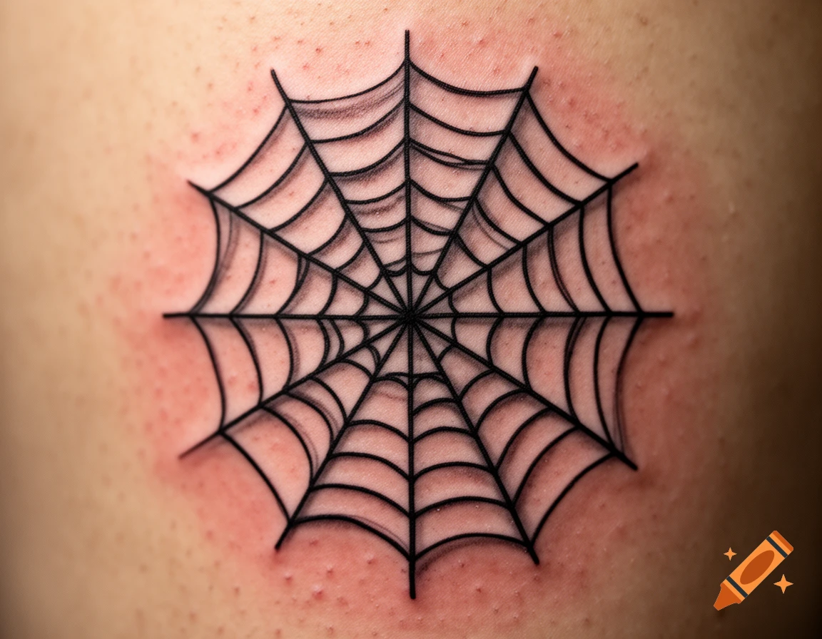 Close-up photograph of a black spider web tattoo on skin with slight redness around the lines.
