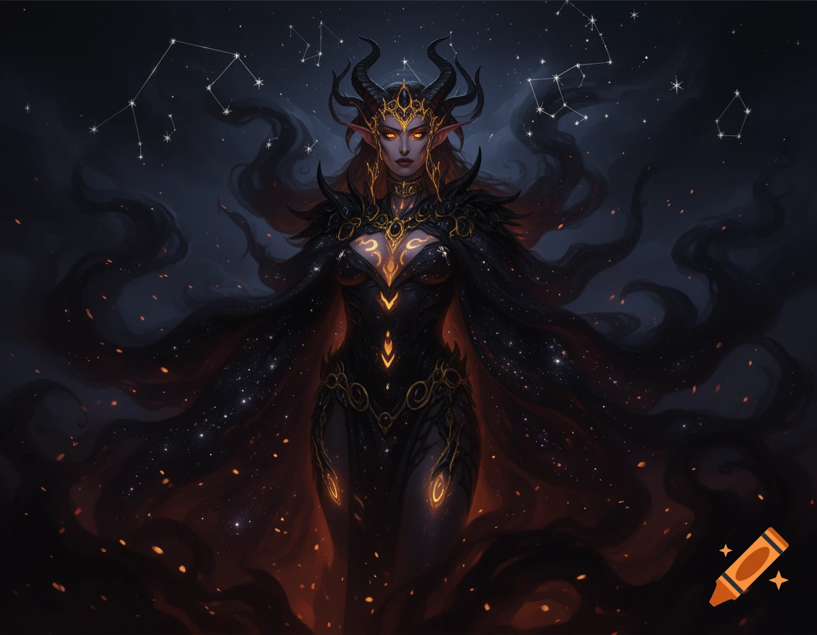 A fierce demoness with horns, glowing amber eyes, and intricate gold jewelry, standing amidst celestial darkness and smoke, digital art.