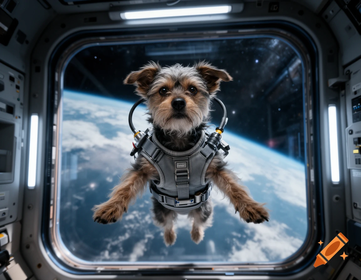 Photorealistic image of a small terrier dog wearing a space suit and floating in zero gravity inside a spacecraft looking out the window at Earth.