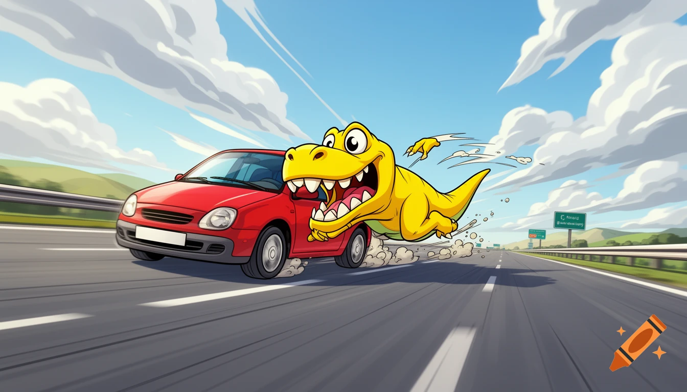 Cartoon illustration of a yellow dinosaur biting a red car speeding on a highway.