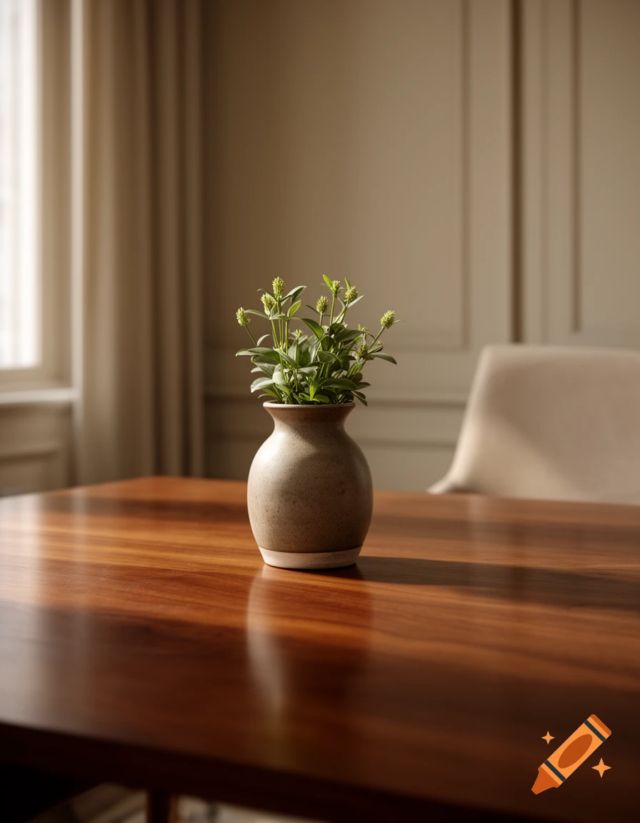 A small potted plant with green stems in a ceramic vase sitting on a polished wooden table in a room with neutral walls.