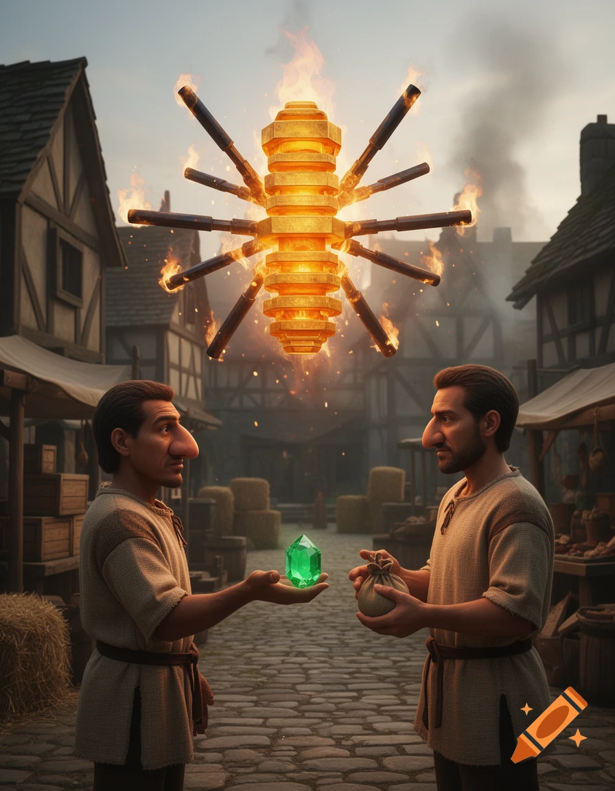 Two villagers trading an emerald in a medieval village street with a floating fiery blaze overhead.