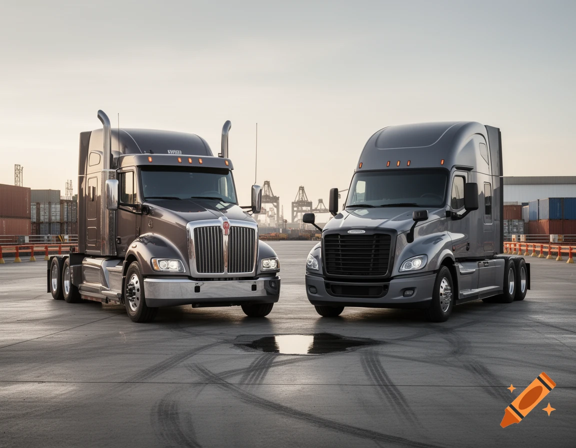 Photorealistic image of two modern semi-trucks parked on a paved lot with a industrial background during daytime.