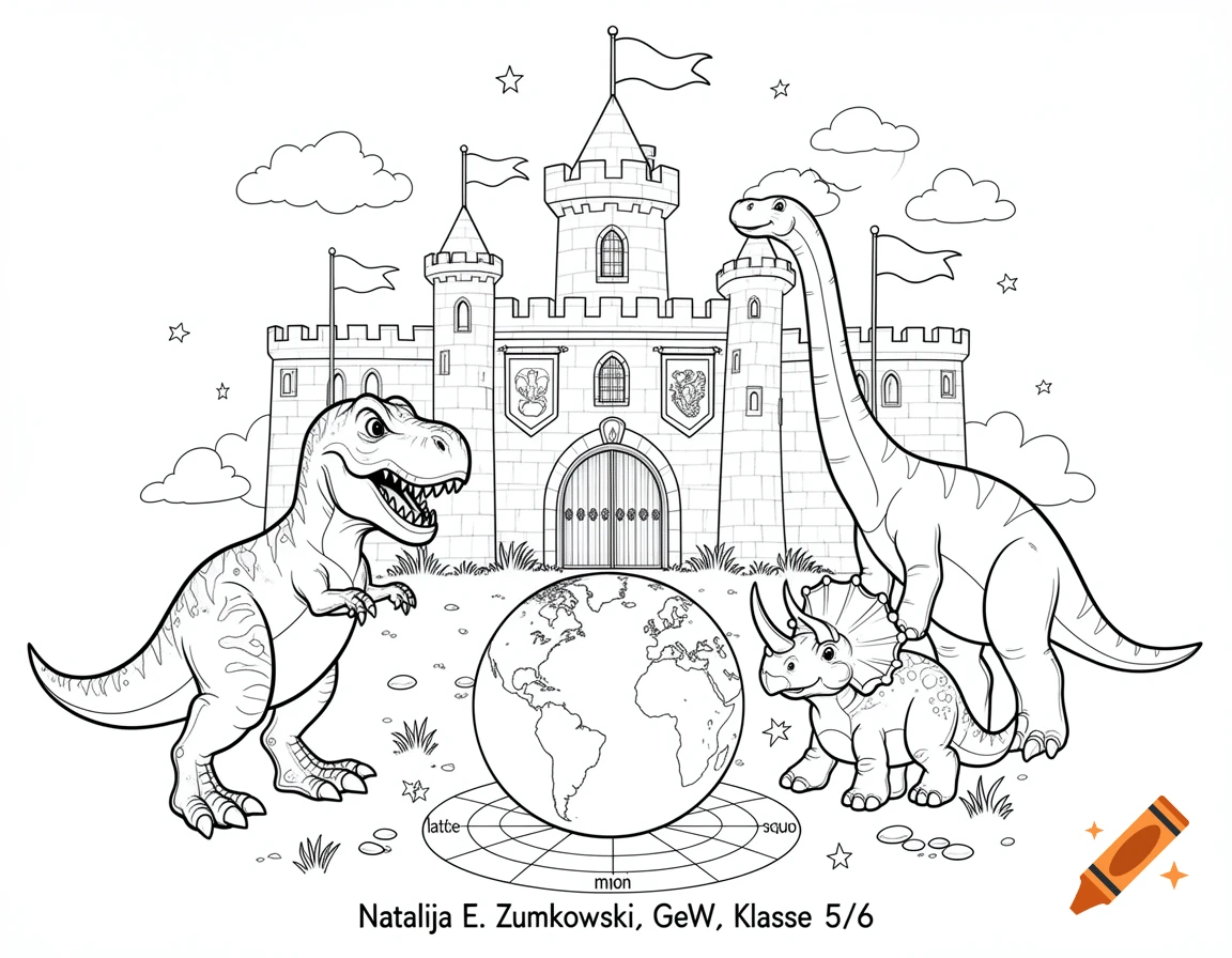 Black and white coloring book page featuring dinosaurs, a castle, and a globe with text at the bottom.