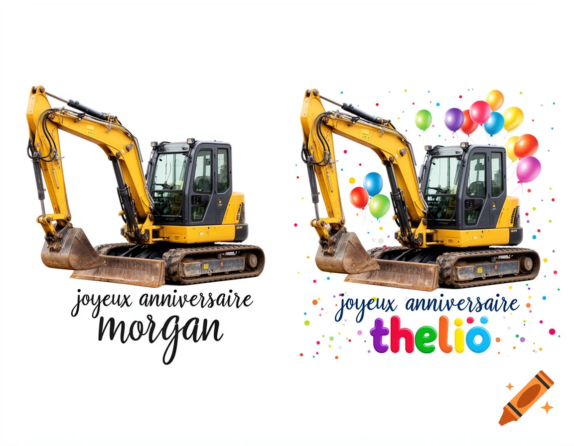 Two yellow construction excavators decorated with birthday text and colorful balloons on a white background.