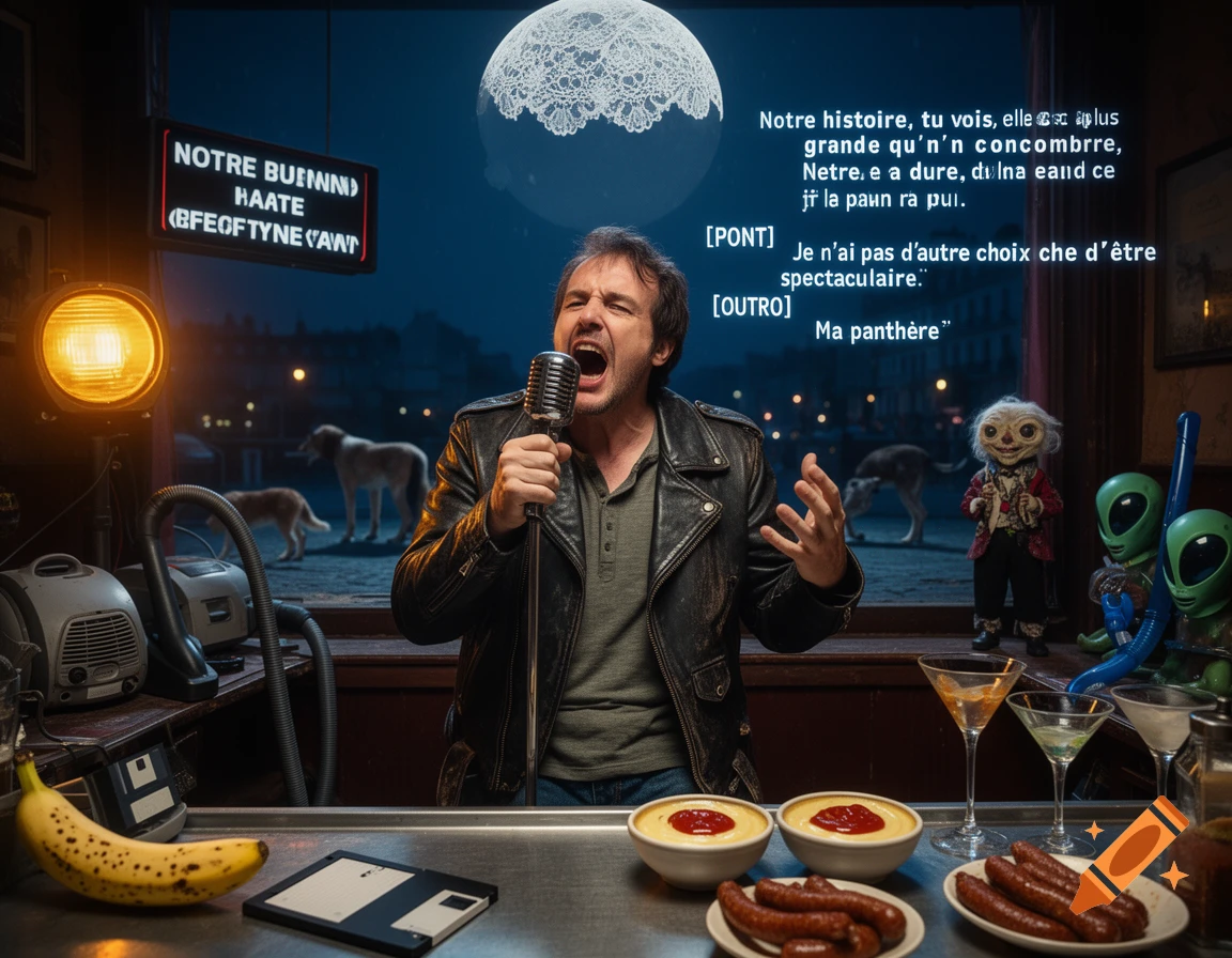 A man in a leather jacket sings into a vintage microphone in a bar, surrounded by surreal elements like floating lace moon, aliens, and sausages.