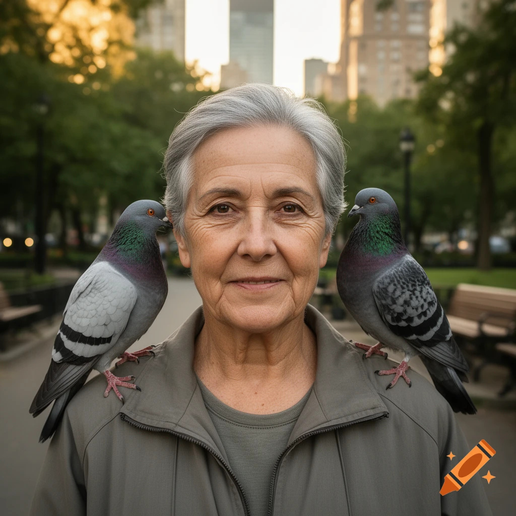 Photorealistic portrait of a senior person with grey hair and two pigeons perched on their shoulders in a park.