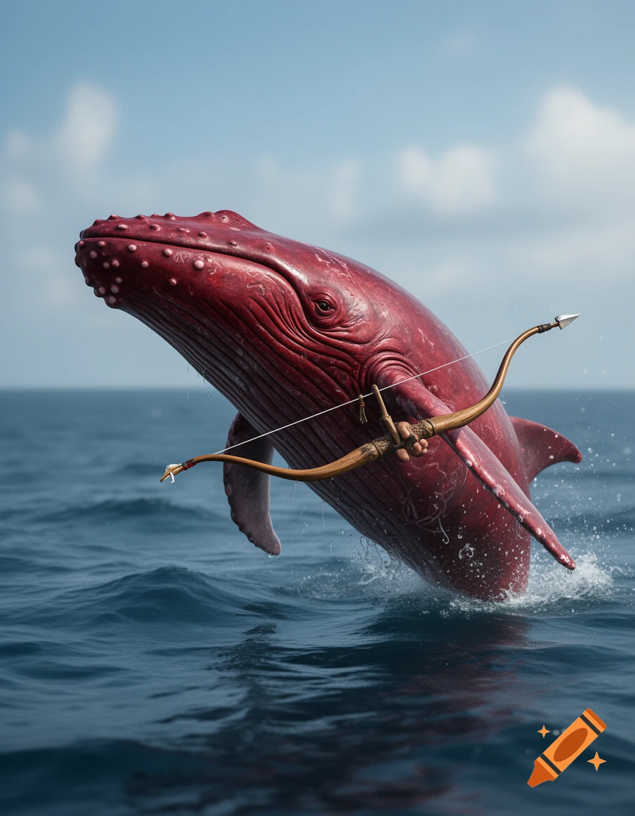 Photorealistic image of a large red whale breaching the ocean surface while holding a wooden bow and arrow.