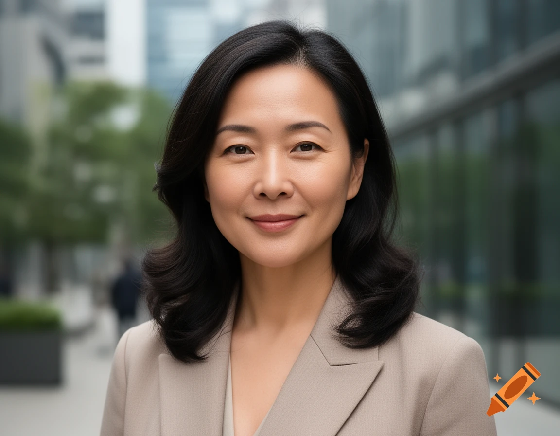 Photorealistic portrait of an East Asian woman with dark hair wearing a beige blazer, outdoors in a city setting.