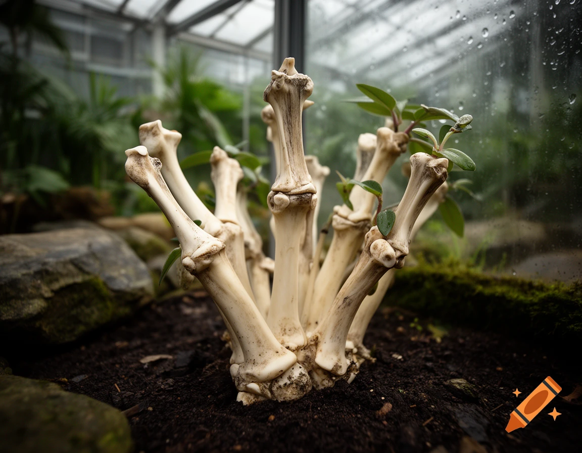 An exotic plant with stems resembling human bones growing in soil inside a greenhouse, photorealistic.