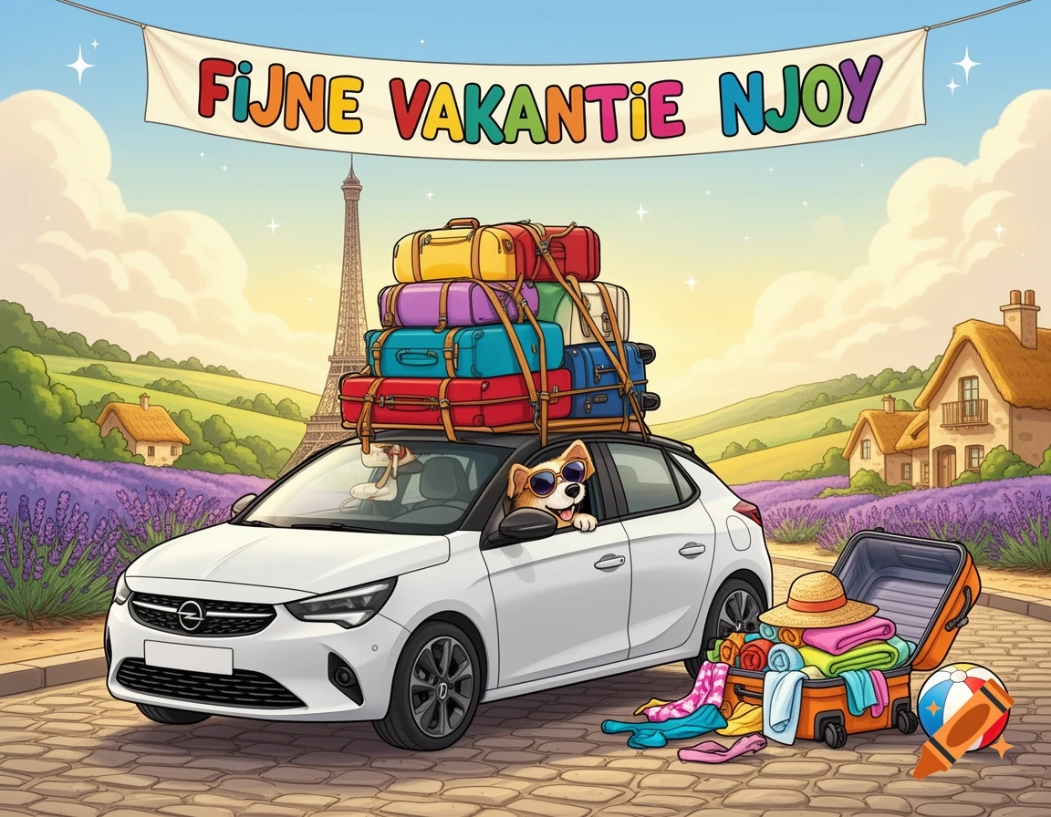 Cartoon illustration of a white car packed with luggage, driven by a dog wearing sunglasses, with the Eiffel Tower in the background.